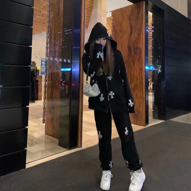 Rhinestone Full Zip Hoodie Goth Sweatshirt Pull Long Sleeve Black Hoodies Y2k Fashion Men's Women's Sport Jackets Coats New 2023