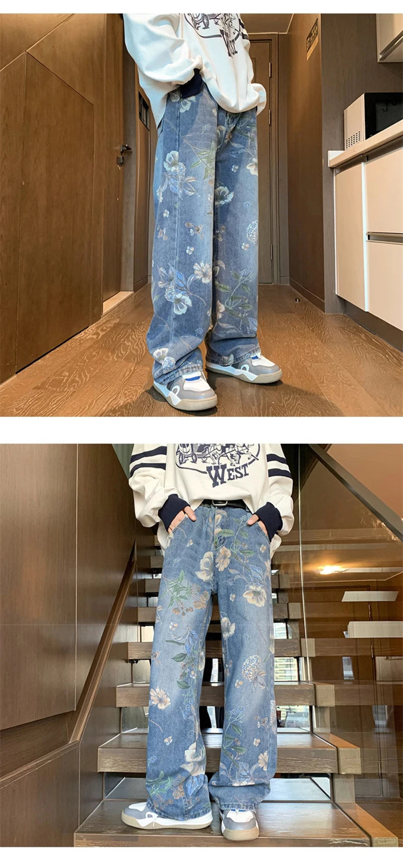 American High Street Floral Printed Jeans For Men 2026 New Y2K Vintage Denim Trousers Hip Hop Fashion Wide-leg Baggy Jean Pants