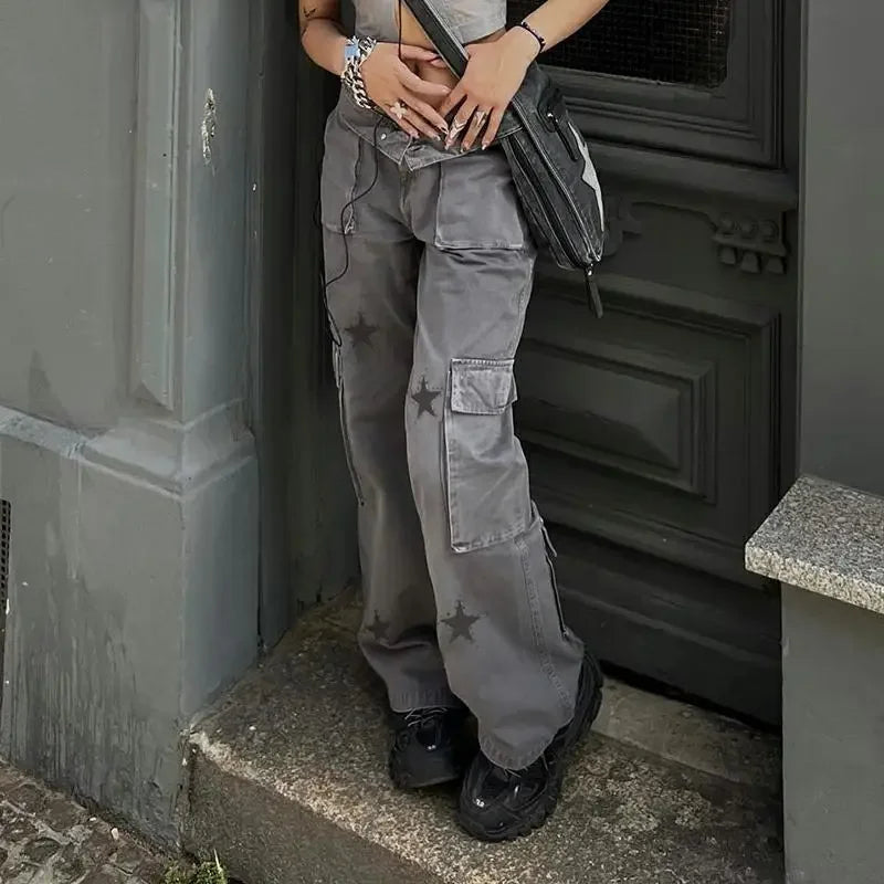 Combhasaki Women's Y2K Grunge Vintage Button Low Waist Cargo Straight Denim Pants Star Print Street Long Trousers with Pockets