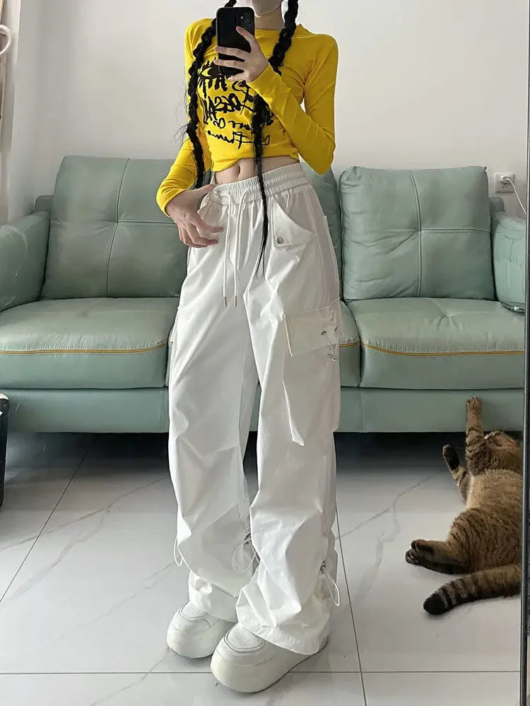 2025 Hip Hop Style White Y2k Baggy Kpop Pleated Trousers Cargo Parachute Pants Oversized Korean Streetwear Wide Leg Joggers 90s
