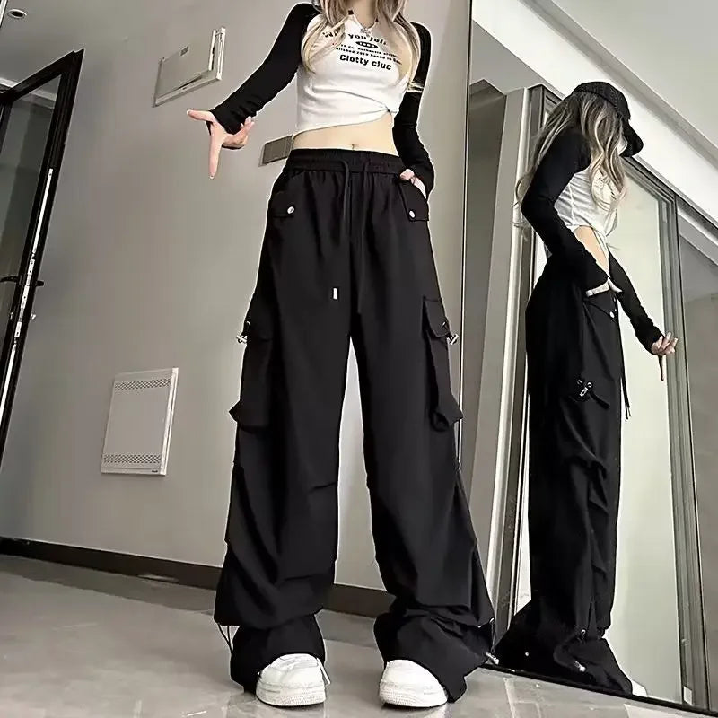 2025 Hip Hop Style White Y2k Baggy Kpop Pleated Trousers Cargo Parachute Pants Oversized Korean Streetwear Wide Leg Joggers 90s