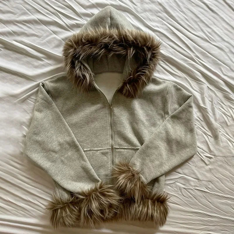 Y2K Zip up hoodie Faux Fur Collar Harajuku Rock Goth Top Retro Punk Loose Jacket Hip Hop Streetwear Zipper Hoodie sweatshirt EMO