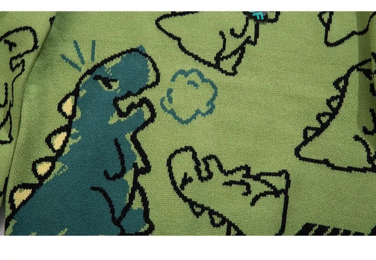 Men Streetwear Cartoon Dinosaur Sweater Hip-hop Loose Fit Round Neck Knitwear All-over Print Pullover Casual Sweater Men Women