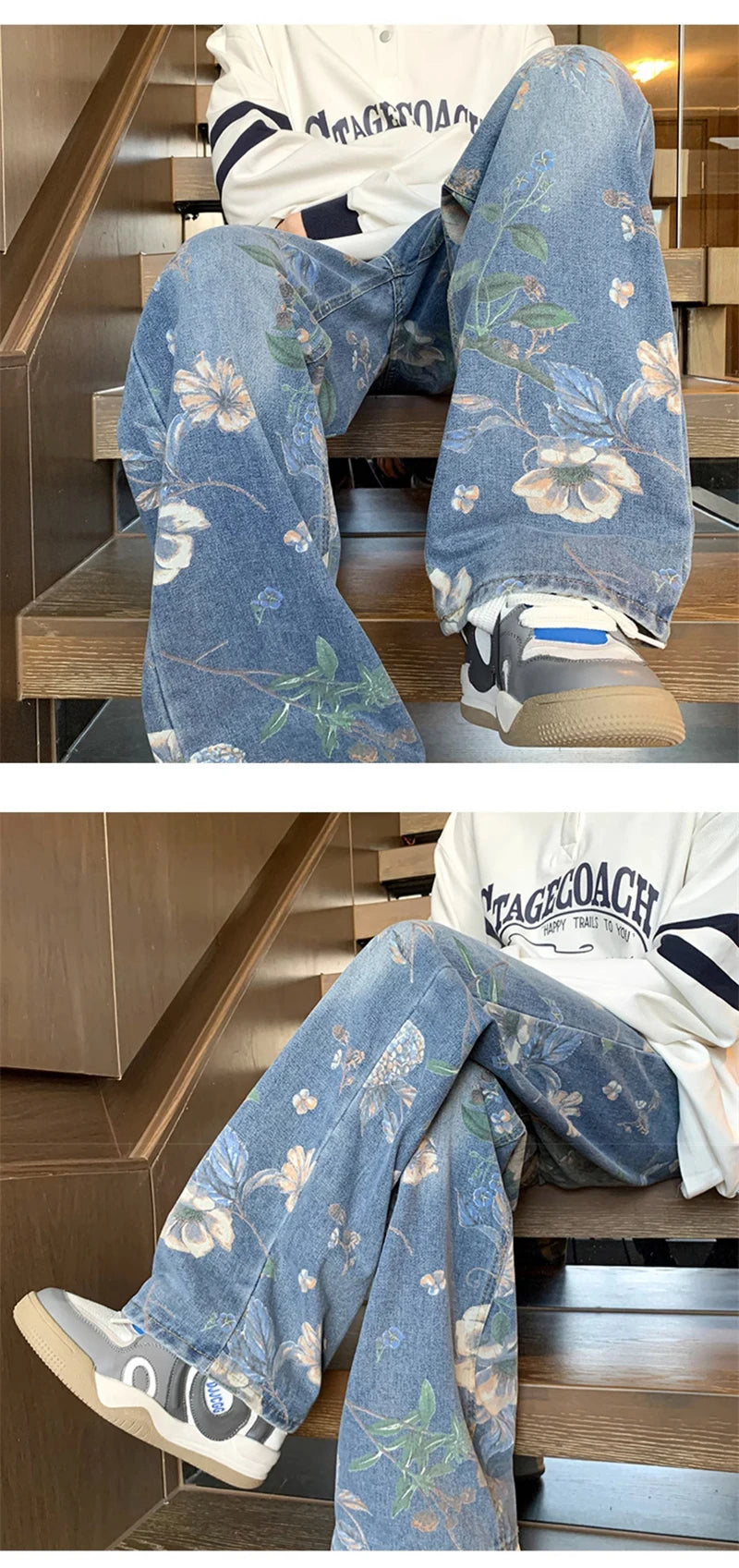 American High Street Floral Printed Jeans For Men 2026 New Y2K Vintage Denim Trousers Hip Hop Fashion Wide-leg Baggy Jean Pants