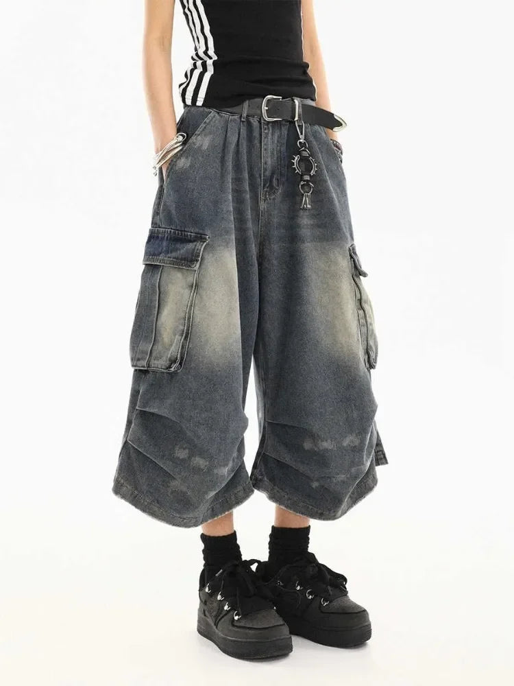 High Waist  Retro Blue Washed Denim Shorts Women's Harajuku Vintage Fashion Casual Loose Y2K Streetwear Wide Leg Cropped Pants