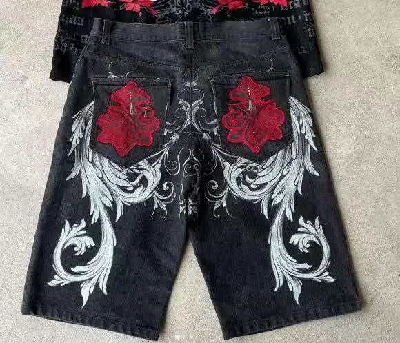 Streetwear Denim Shorts Mens Embroidery American Hip Hop Printed Loose Shorts Gothic Retro Harajuku Fashion Y2K New Shorts