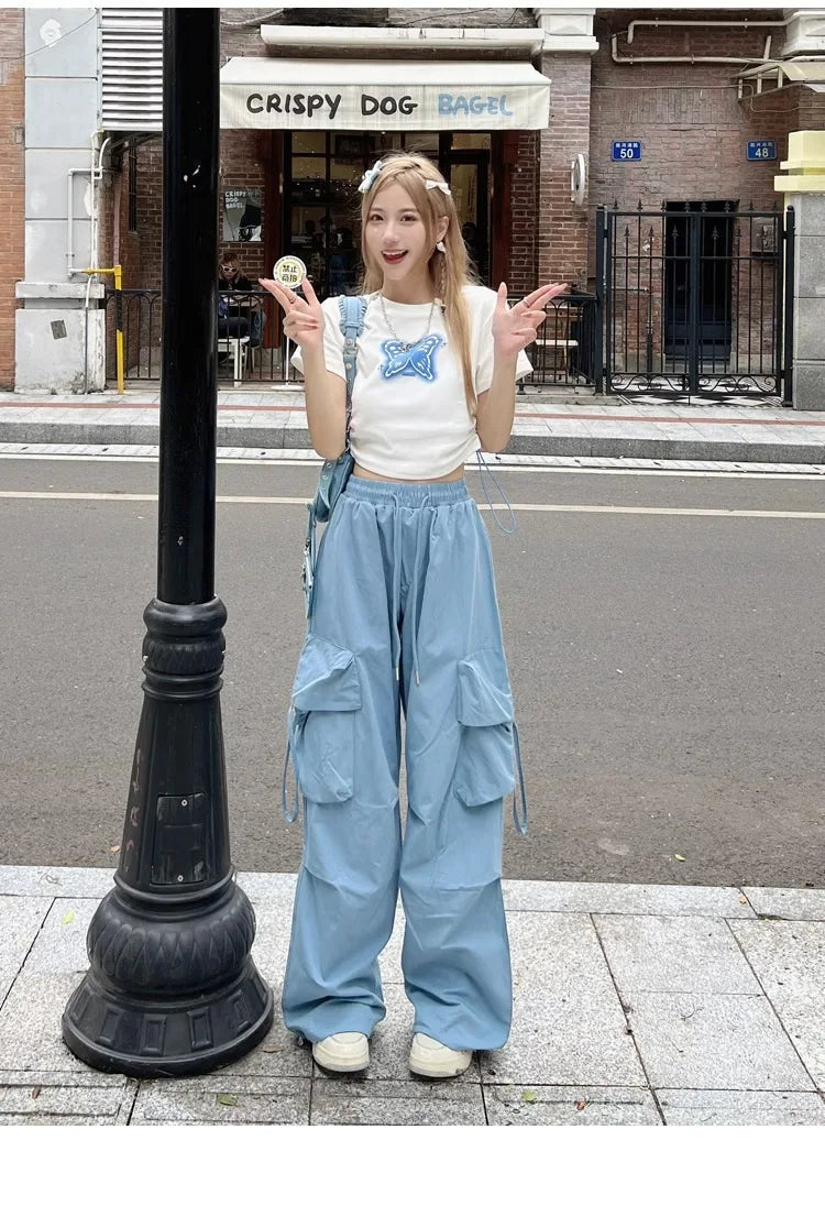 American Women's Overalls Retro Quick Drying Summer High Straight Wide Leg Streamers Loose Casual Floor Length Trousers Trend