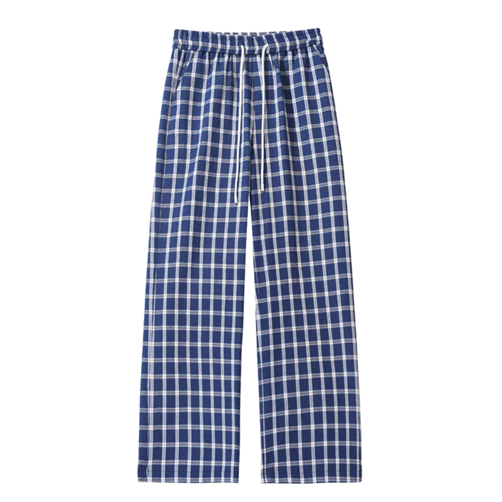 Women Plaid Straight Wide Leg Pants Drawstring Elastic Waist Loose Comfy Fit Casual Trendy Daily All Season Trousers Streetwear