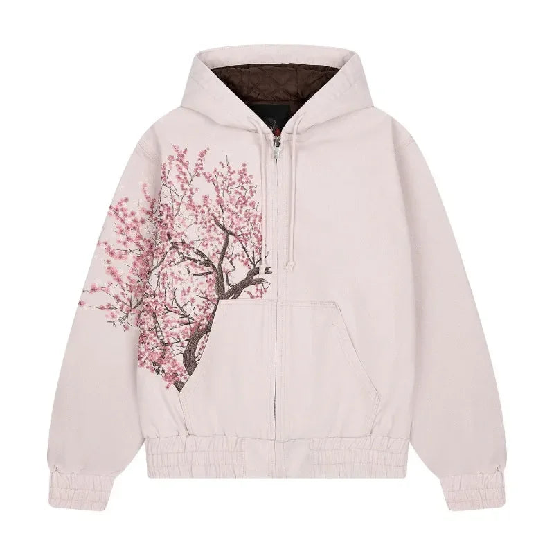 Harajuku Plum Tree Embroidered Oversized Pink Zipper Hoodies For Men and Women Y2K New Gothic Fashion Retro Street Sweatshirts