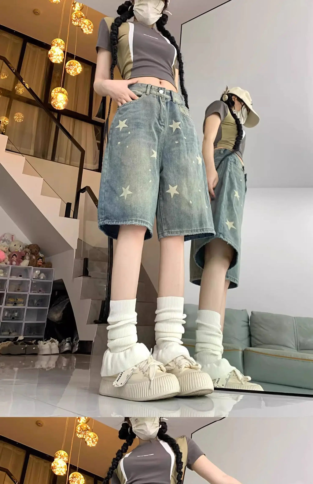Casual Floral Print Loose Wide Leg Womens Jeans New American Retro Star Design Straight Leg Comfort Stretch Soft Denim Shorts