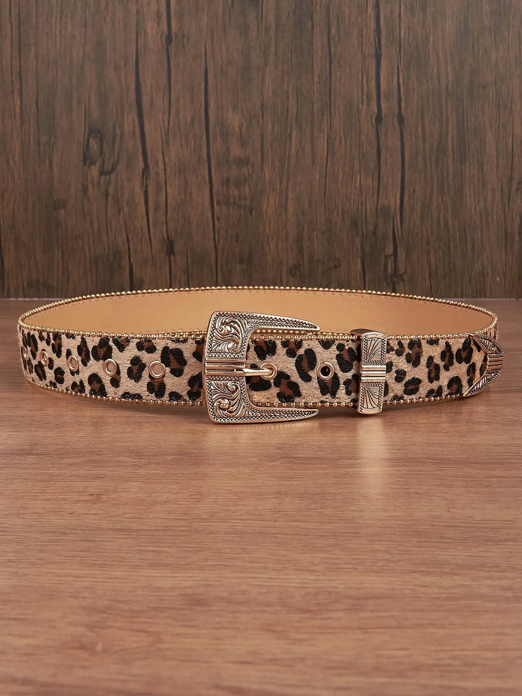 1pc Men Leopard Vintage Engraved Metal Buckle Pearl Edged Jeans Belt, Versatile For Casual Wear Halloween