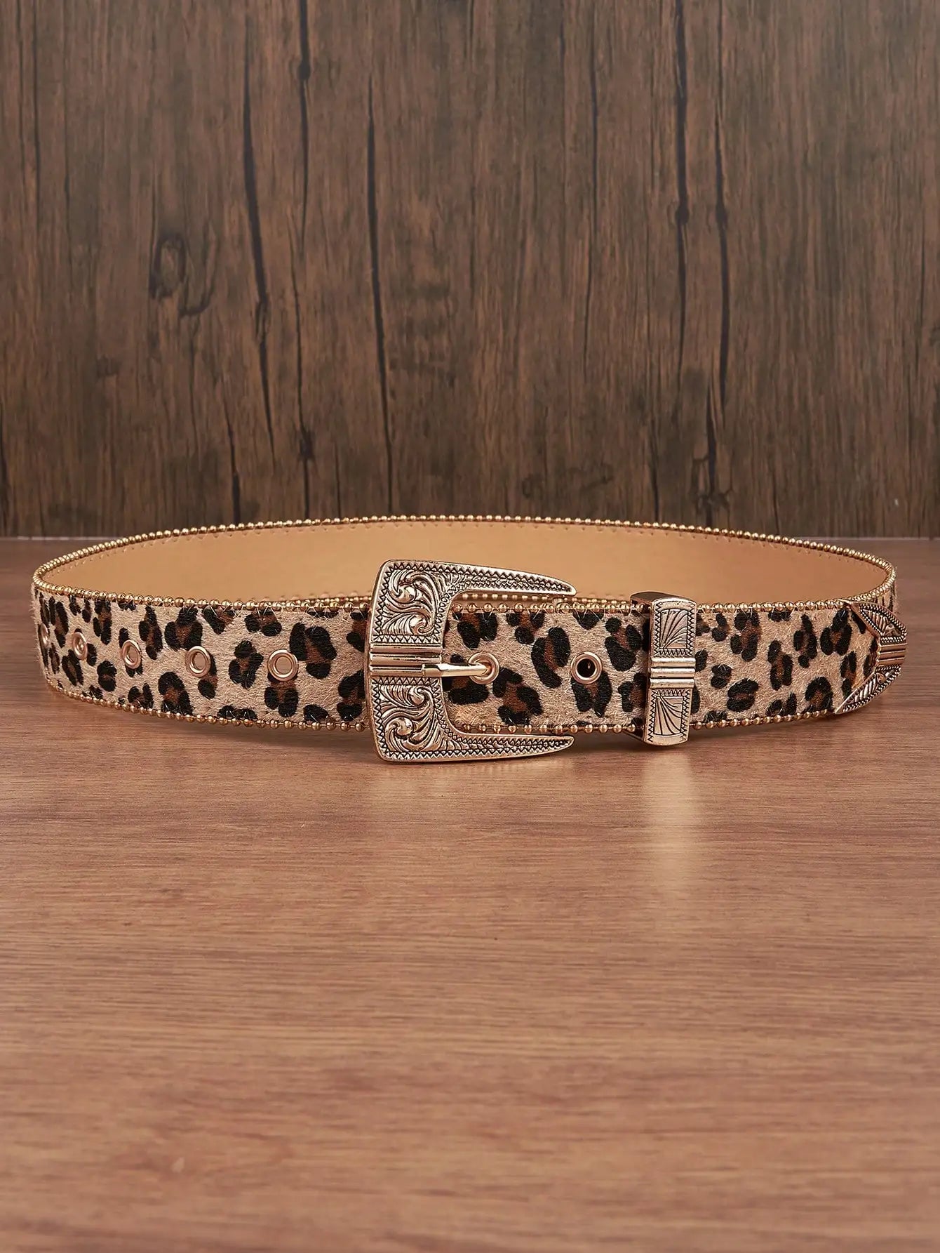 1pc Men Leopard Vintage Engraved Metal Buckle Pearl Edged Jeans Belt, Versatile For Casual Wear Halloween