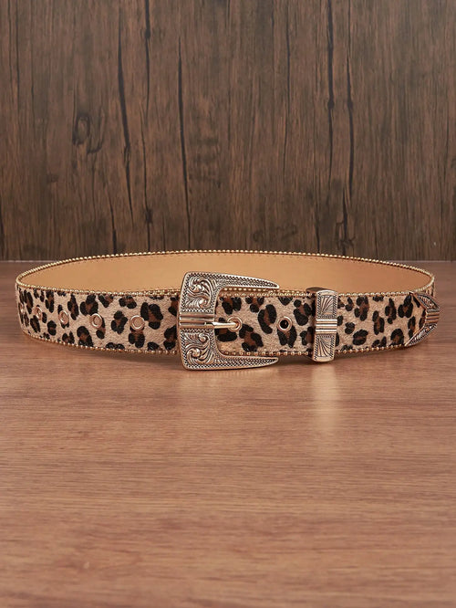 1pc Men Leopard Vintage Engraved Metal Buckle Pearl Edged Jeans Belt, Versatile For Casual Wear Halloween