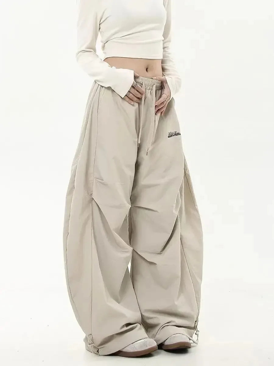 Women Casual Joggers Tech Pants Solid Low Waist Pants Drawstring Wide Leg Baggy Trousers Y2k Streetwear Oversize Sweatpants
