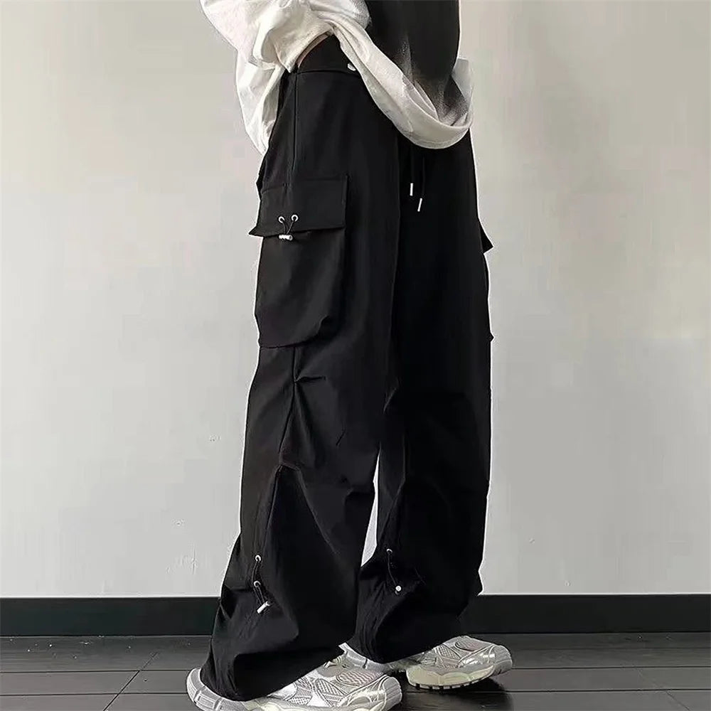 2025 Hip Hop Style White Y2k Baggy Kpop Pleated Trousers Cargo Parachute Pants Oversized Korean Streetwear Wide Leg Joggers 90s