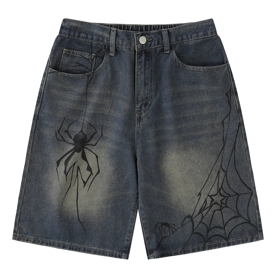 Y2K Blue Denim Shorts Spider Cobweb Printed Summer Loose Casual Jeans Shorts Fashion Harajuku Hip Hop Streetwear Shorts for Men
