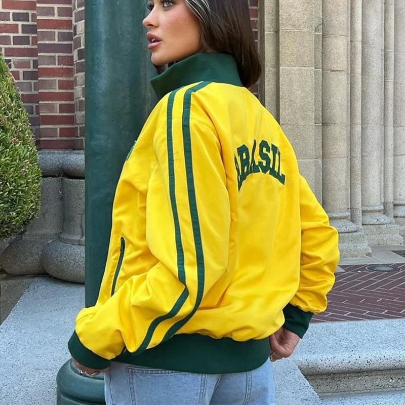 2000s Retro Grunge Gothic Jackets Coat Y2k Aesthetic Yellow Sweatshirts Brazil Letter Embroidery Graphic Pattern Zip Up Hoodies