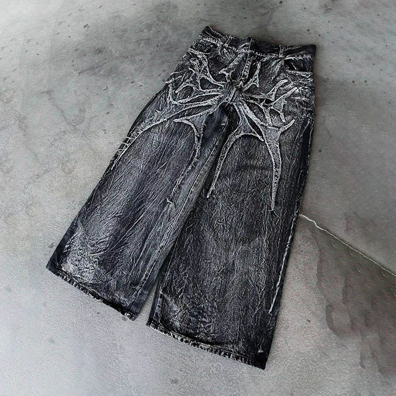 Gothic Retro Baggy Unisex Mopping Pants Y2K Phantom Jeans High Street Spider Embroidered Patch Hip Hop Streetwear Straight Jeans