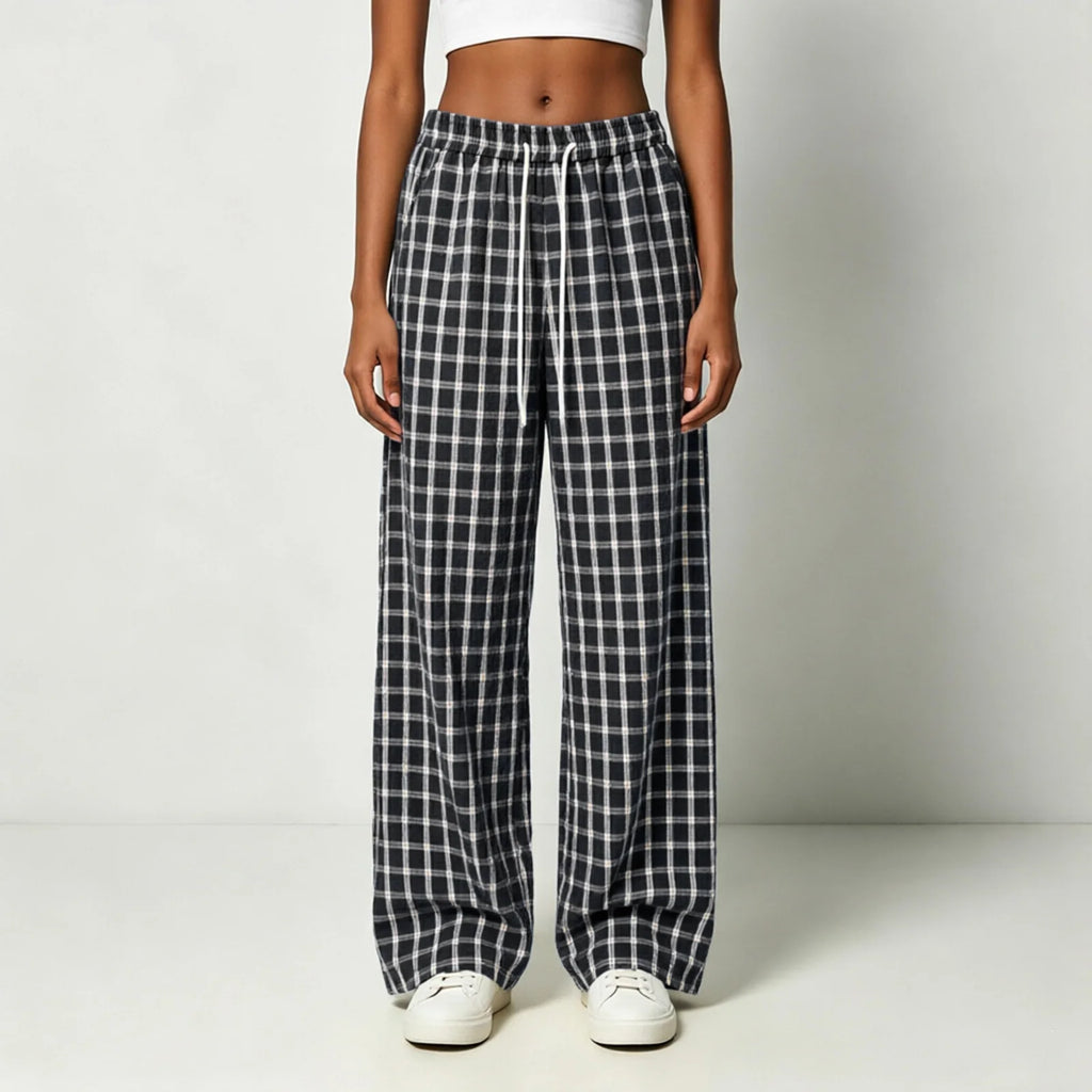 Women Plaid Straight Wide Leg Pants Drawstring Elastic Waist Loose Comfy Fit Casual Trendy Daily All Season Trousers Streetwear