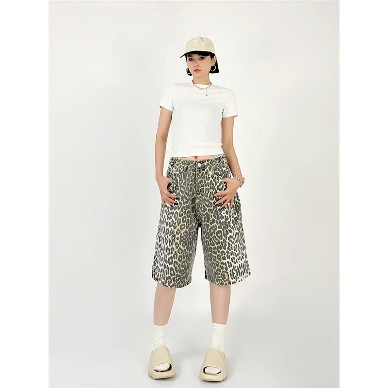 Women's Shorts Denim Leopard Print High Waisted Straight Leg Pants Street Harajuku Y2K Retro Versatile Fashion Wide Leg Jeans