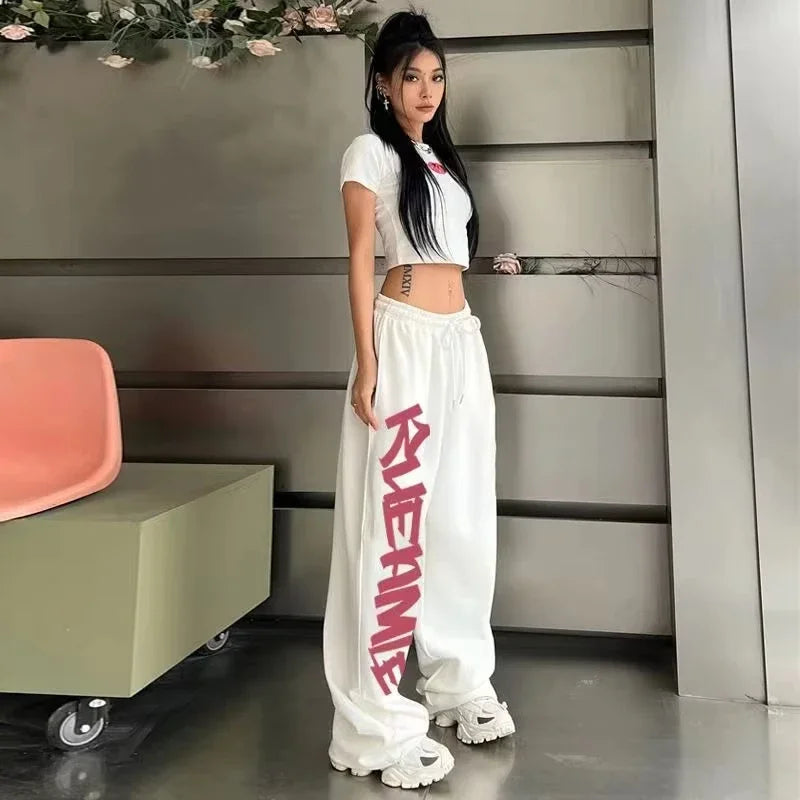 High Waist Hip-hop Sports Pants for Women Street Dance Y2K Letter Print Vintage Trousers Summer New Kids Fashion