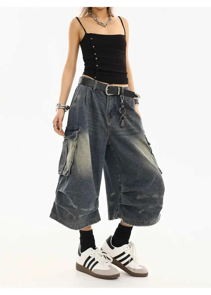 High Waist  Retro Blue Washed Denim Shorts Women's Harajuku Vintage Fashion Casual Loose Y2K Streetwear Wide Leg Cropped Pants