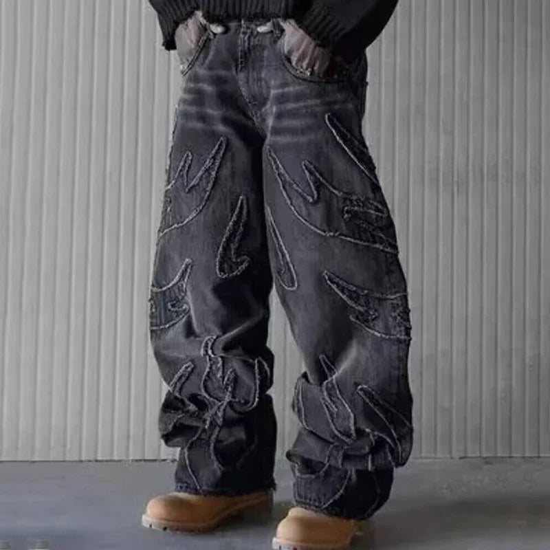 Street Gothic Retro High Waisted Wide Leg Trousers 2025 Y2k Hip Hop Baggy Jeans Men's Street Fashion Raw Edge Embroidered Jeans