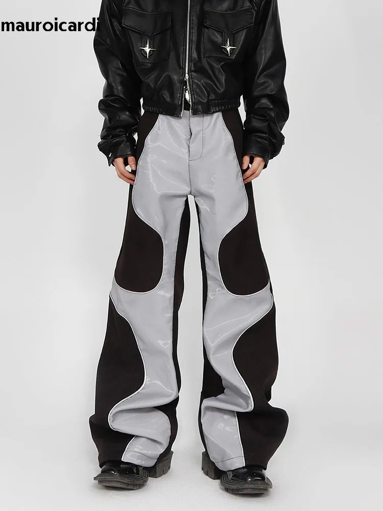 Mauroicardi Spring Autumn Cool Long Loose Casual Soft Patchwork Pu Leather Pants Men Luxury Designer Clothing Trousers 2023