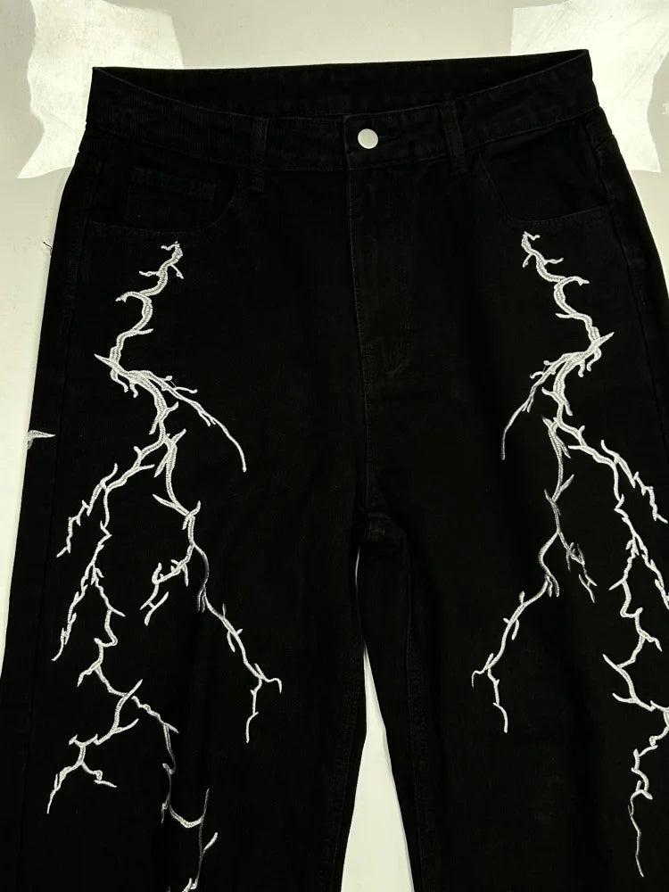 Y2k Fashion Baggy Jeans Black Men's Streetwear Straight Oversize Wide-leg Pants Vintage Lightning Pattern Loose Denim Trousers