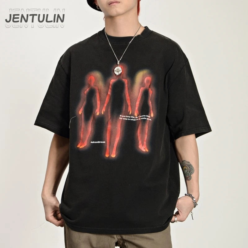 Vintage Oversized Men's Clothing Streetwear Abstract Shadow Graphic Print Distressed Black Tshirt Hip Hop Harajuku Y2k Goth Tops