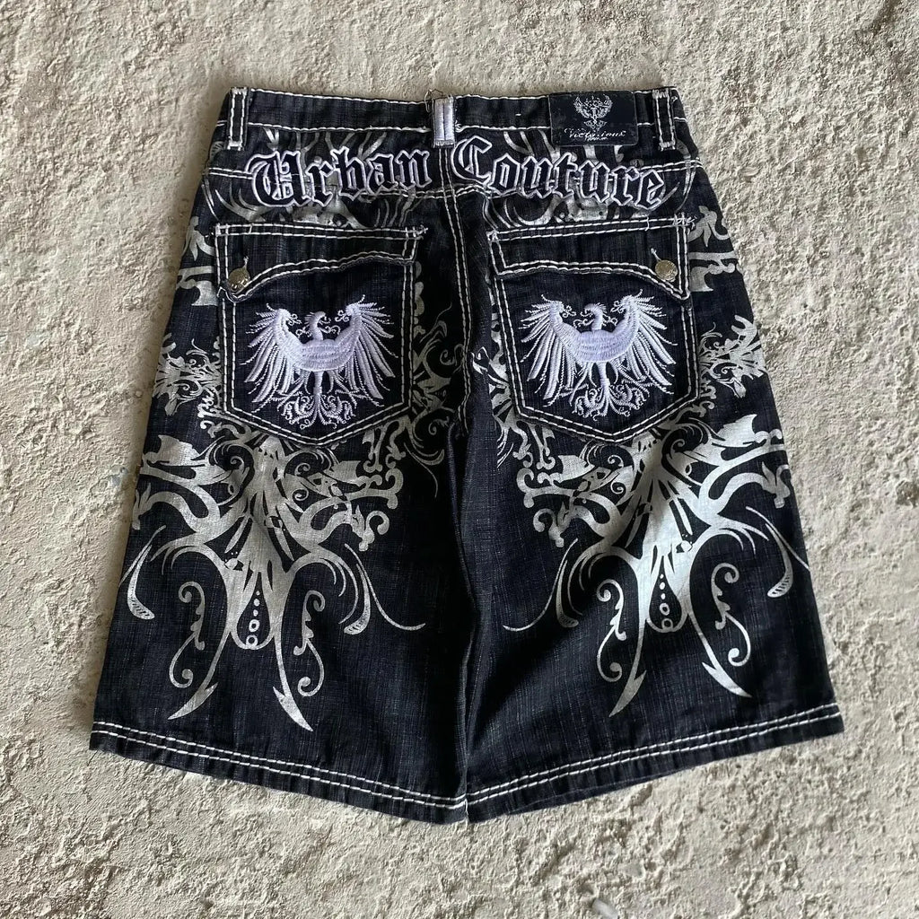Streetwear Denim Shorts Mens Embroidery American Hip Hop Printed Loose Shorts Gothic Retro Harajuku Fashion Y2K New Shorts
