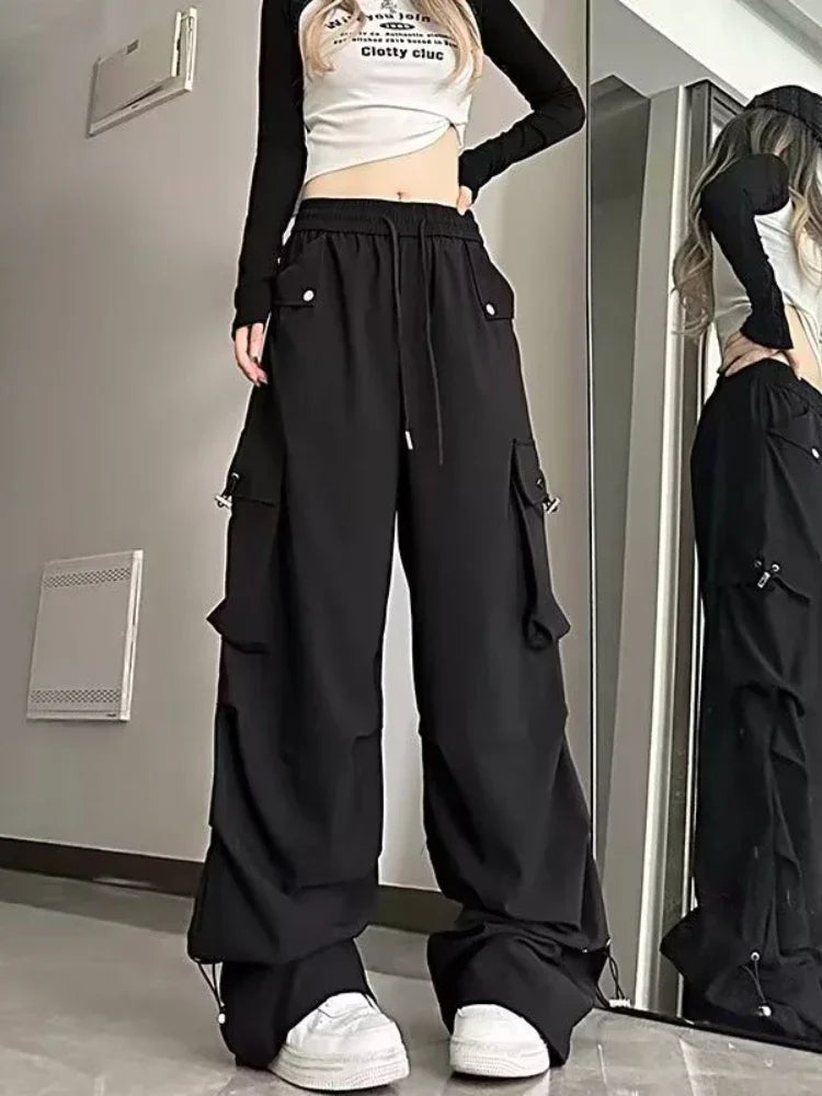2025 Hip Hop Style White Y2k Baggy Kpop Pleated Trousers Cargo Parachute Pants Oversized Korean Streetwear Wide Leg Joggers 90s