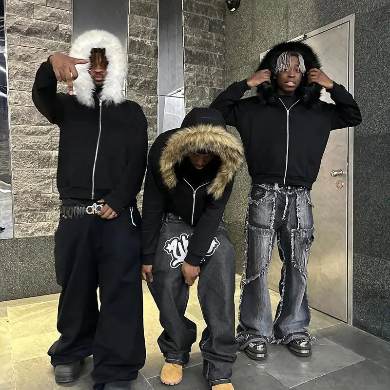 Y2K Zip up hoodie Faux Fur Collar Harajuku Rock Goth Top Retro Punk Loose Jacket Hip Hop Streetwear Zipper Hoodie sweatshirt EMO