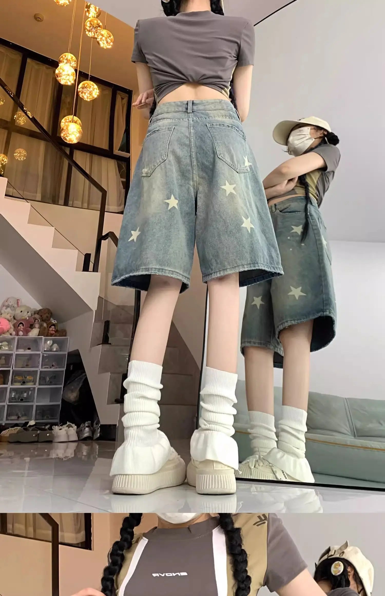Casual Floral Print Loose Wide Leg Womens Jeans New American Retro Star Design Straight Leg Comfort Stretch Soft Denim Shorts