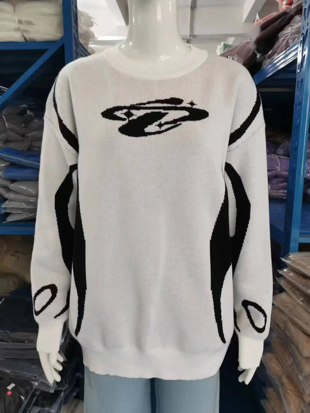 Casual Commuter Style Oversized round Neck Knitwear Women's Pullover Sweater Geometric Pattern Long Sleeve Comfortable Leisure