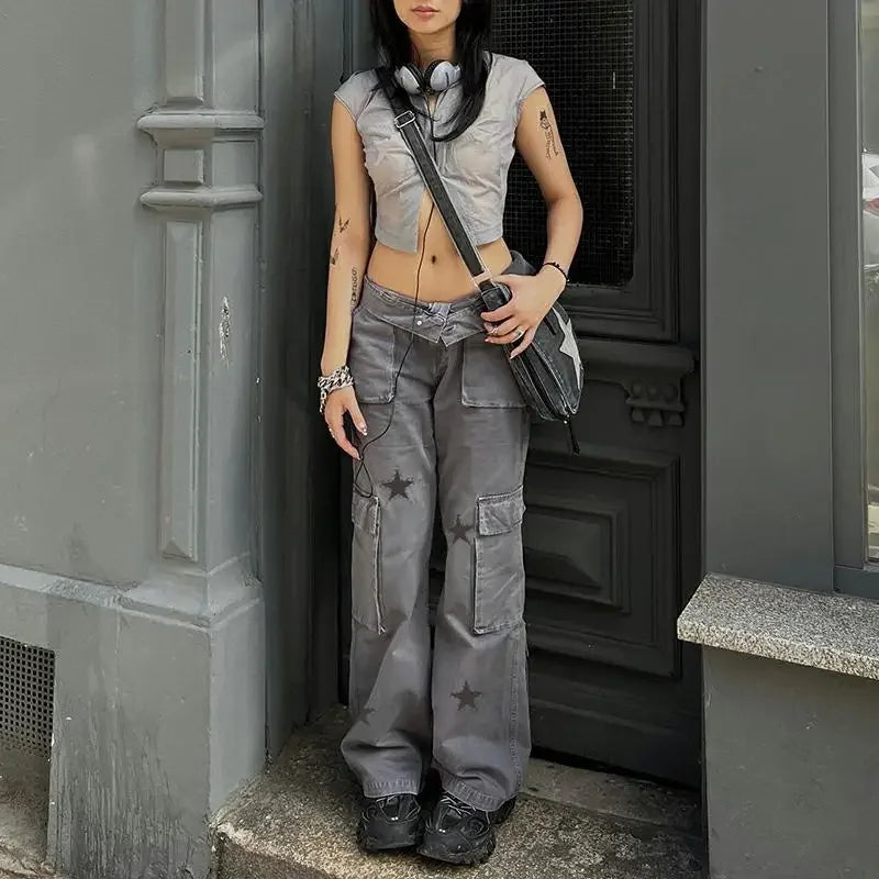 Combhasaki Women's Y2K Grunge Vintage Button Low Waist Cargo Straight Denim Pants Star Print Street Long Trousers with Pockets