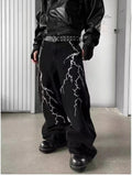 Y2k Fashion Baggy Jeans Black Men's Streetwear Straight Oversize Wide-leg Pants Vintage Lightning Pattern Loose Denim Trousers
