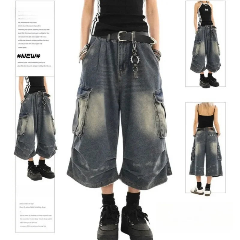 High Waist  Retro Blue Washed Denim Shorts Women's Harajuku Vintage Fashion Casual Loose Y2K Streetwear Wide Leg Cropped Pants