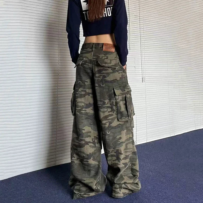 Y2K American Retro Camo Cargo Pants Female High Waist Oversized Pockets Wide Leg Pants Bf Hip Hop Streetwear Straight Trousers