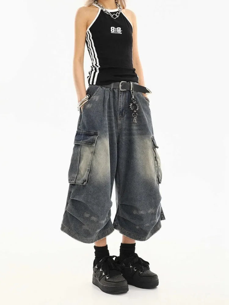 High Waist  Retro Blue Washed Denim Shorts Women's Harajuku Vintage Fashion Casual Loose Y2K Streetwear Wide Leg Cropped Pants