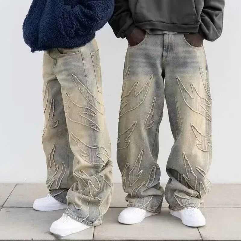 Street Gothic Retro High Waisted Wide Leg Trousers 2025 Y2k Hip Hop Baggy Jeans Men's Street Fashion Raw Edge Embroidered Jeans