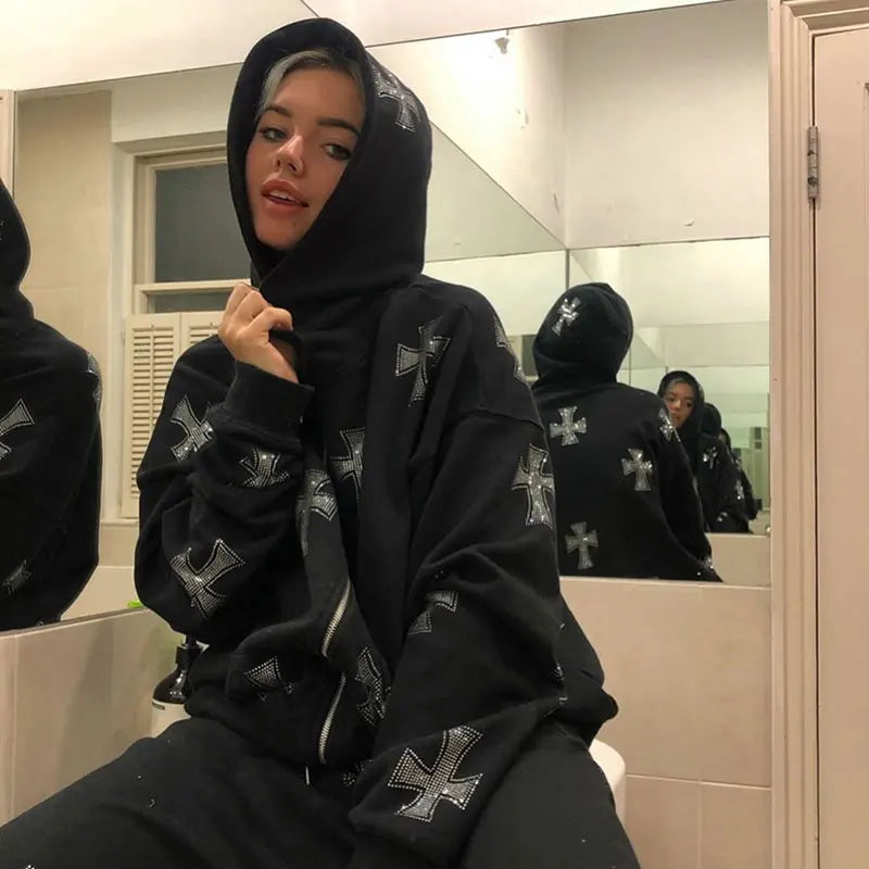 Rhinestone Full Zip Hoodie Goth Sweatshirt Pull Long Sleeve Black Hoodies Y2k Fashion Men's Women's Sport Jackets Coats New 2023