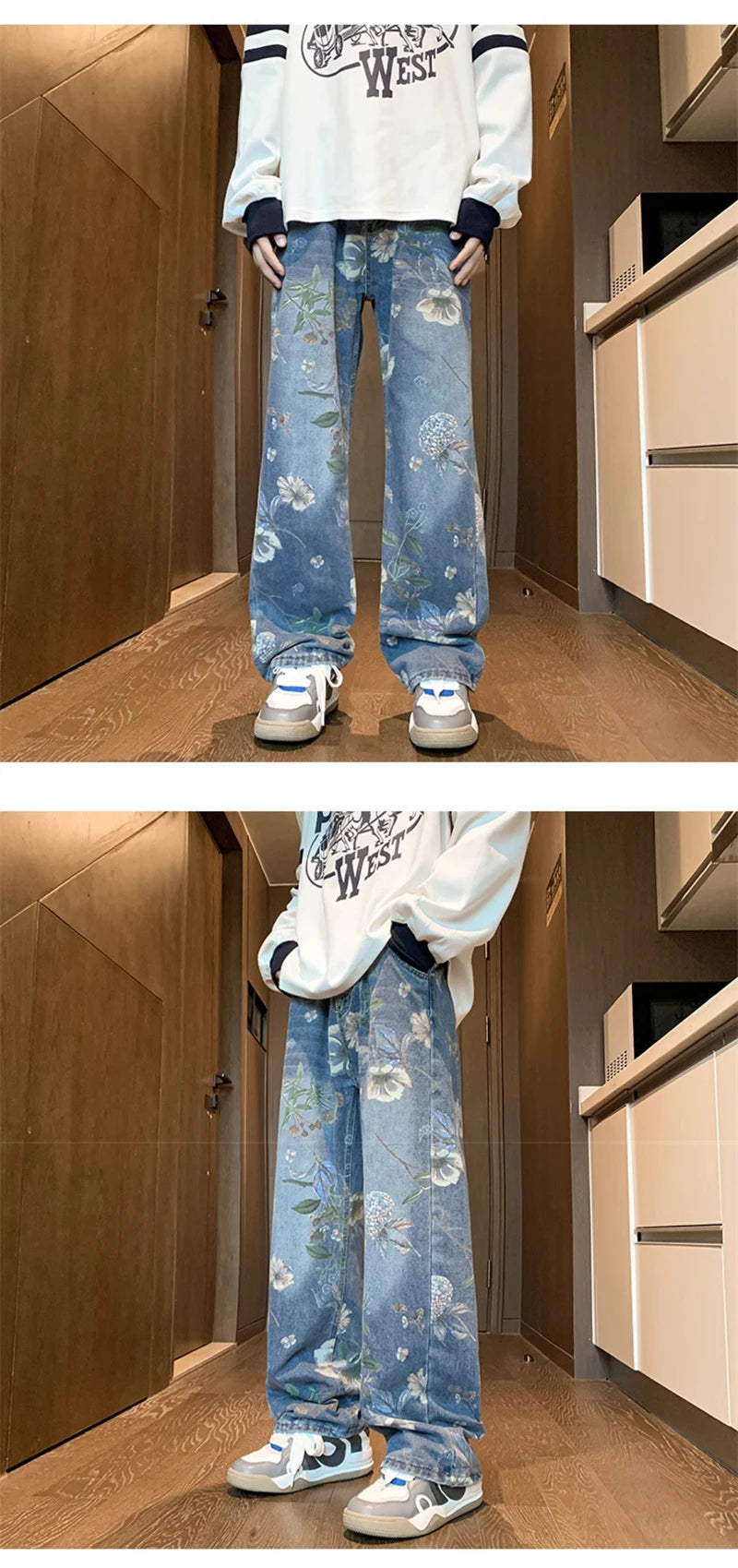 American High Street Floral Printed Jeans For Men 2026 New Y2K Vintage Denim Trousers Hip Hop Fashion Wide-leg Baggy Jean Pants