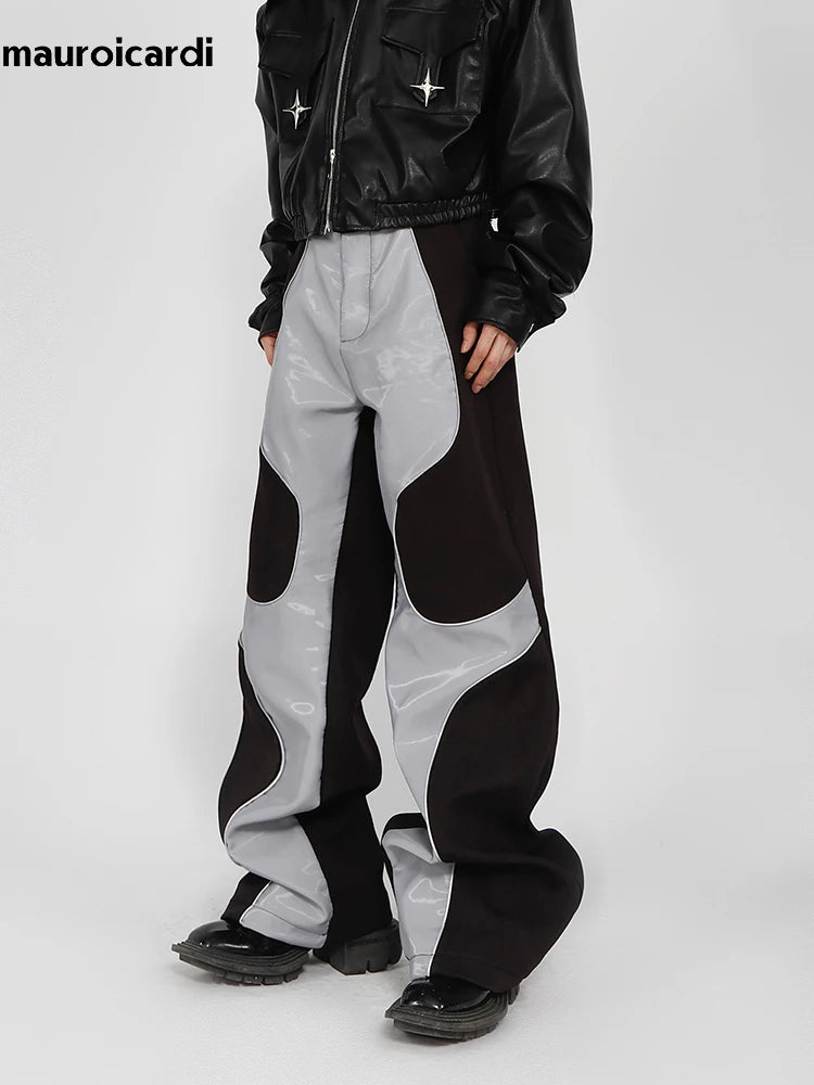Mauroicardi Spring Autumn Cool Long Loose Casual Soft Patchwork Pu Leather Pants Men Luxury Designer Clothing Trousers 2023