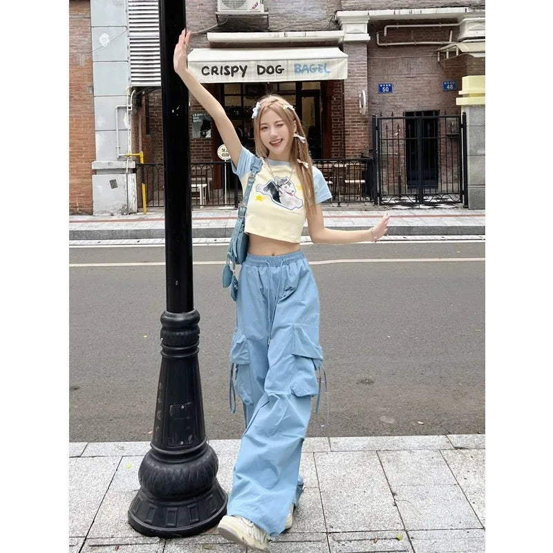 American Women's Overalls Retro Quick Drying Summer High Straight Wide Leg Streamers Loose Casual Floor Length Trousers Trend