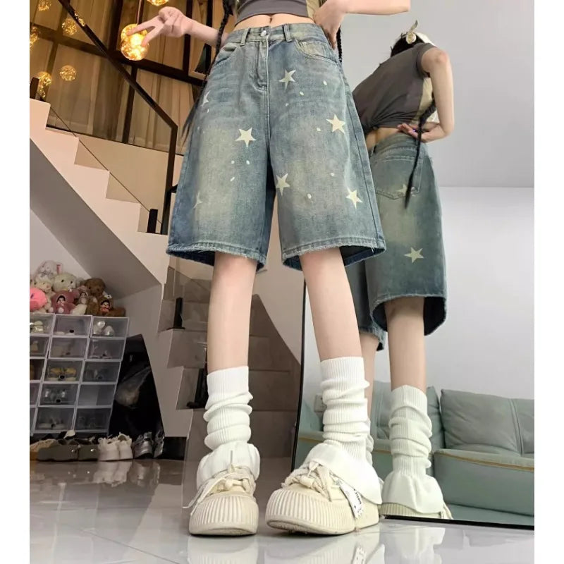 Casual Floral Print Loose Wide Leg Womens Jeans New American Retro Star Design Straight Leg Comfort Stretch Soft Denim Shorts