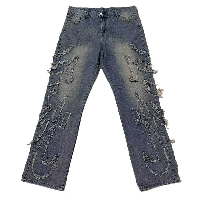 Street Gothic Retro High Waisted Wide Leg Trousers 2025 Y2k Hip Hop Baggy Jeans Men's Street Fashion Raw Edge Embroidered Jeans