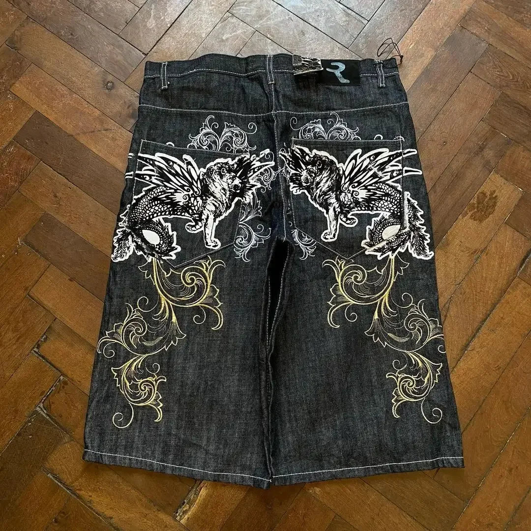 Streetwear Denim Shorts Mens Embroidery American Hip Hop Printed Loose Shorts Gothic Retro Harajuku Fashion Y2K New Shorts