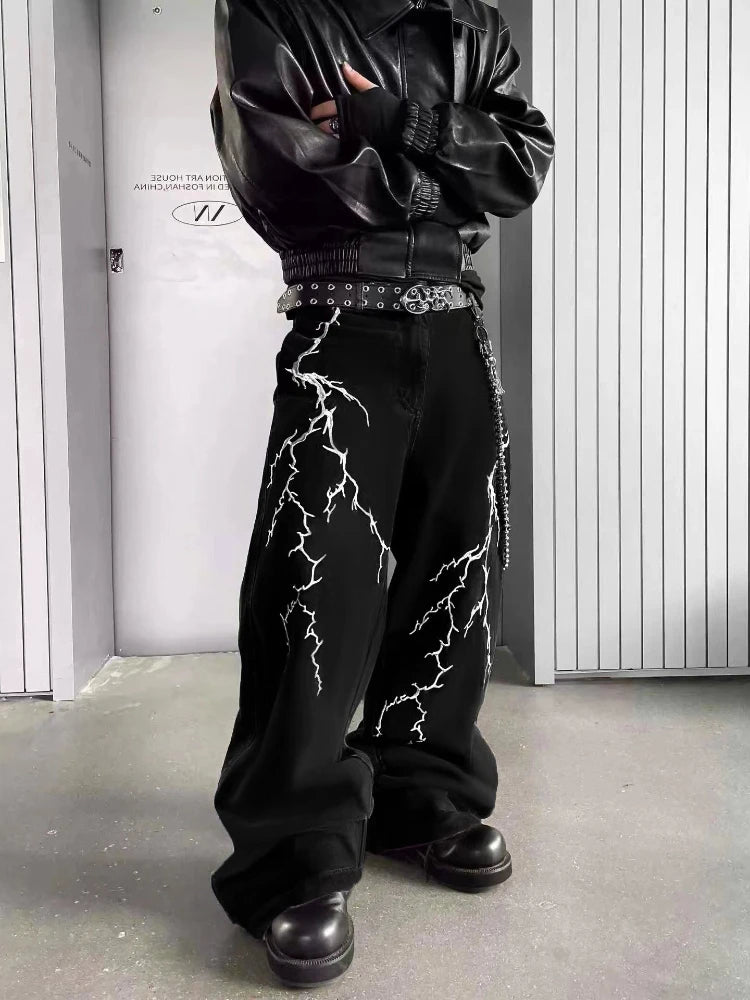 Y2k Fashion Baggy Jeans Black Men's Streetwear Straight Oversize Wide-leg Pants Vintage Lightning Pattern Loose Denim Trousers