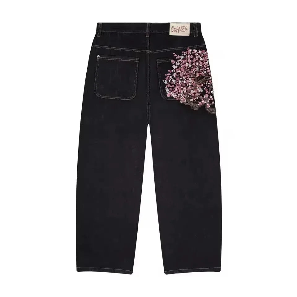 Vintage Low Waist Hip Hop Cherry Blossom Embroidered Jeans  Wide Leg Trousers Y2K Clothes Mens Womes Embroidered Baggy Jeans